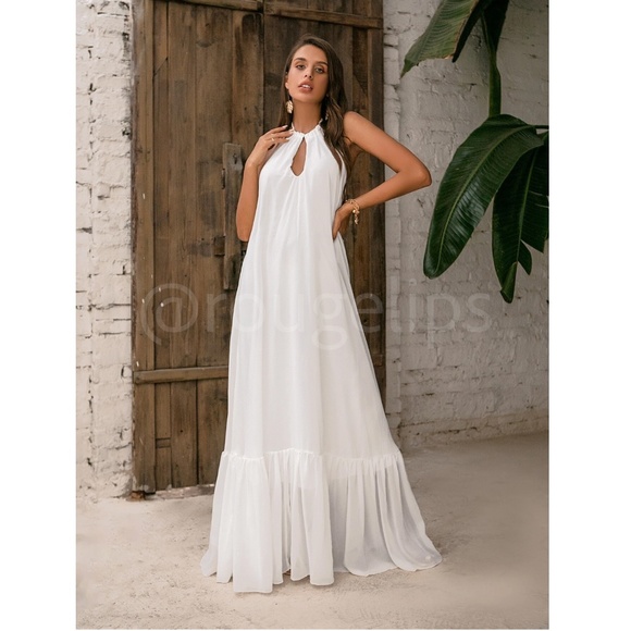 White Flowy Halter Cutout Maxi Flared Dress Backless Open Back - Picture 5 of 12